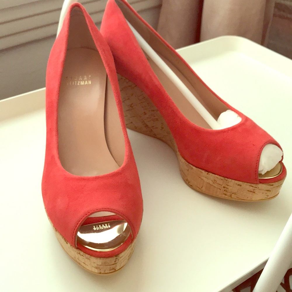 Stuart Weitzman Suede Cork Peeptoe Wedges